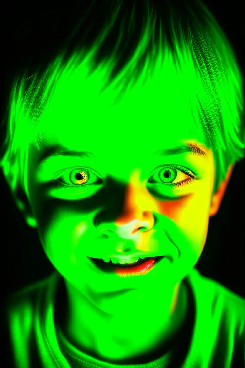 Face of an evil child with a demonic smile, white eyes, surrounded by flames, youthful green lighting.