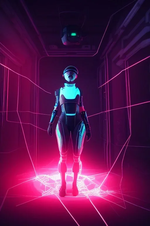 3d, si-fi hunger , far away a girl in the middle, stand on round platform, connected by wires , vr googles, beautifully color coded, super detailed, moody lighting, volumetric lighting, night time, glowing veins, mass effect