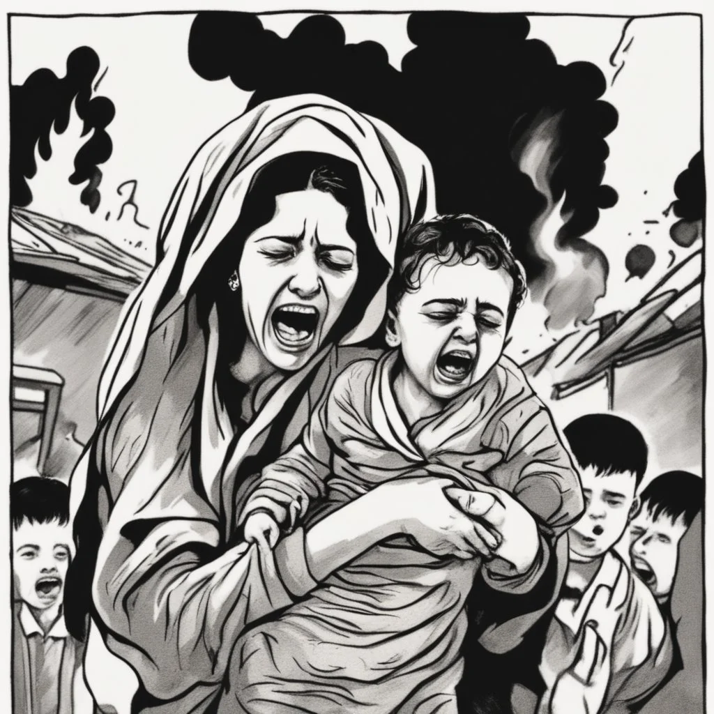 A Palestinian woman wearing the Palestinian dress carries her dead son as she screams and cries at night, with explosions in refugee tents behind her.