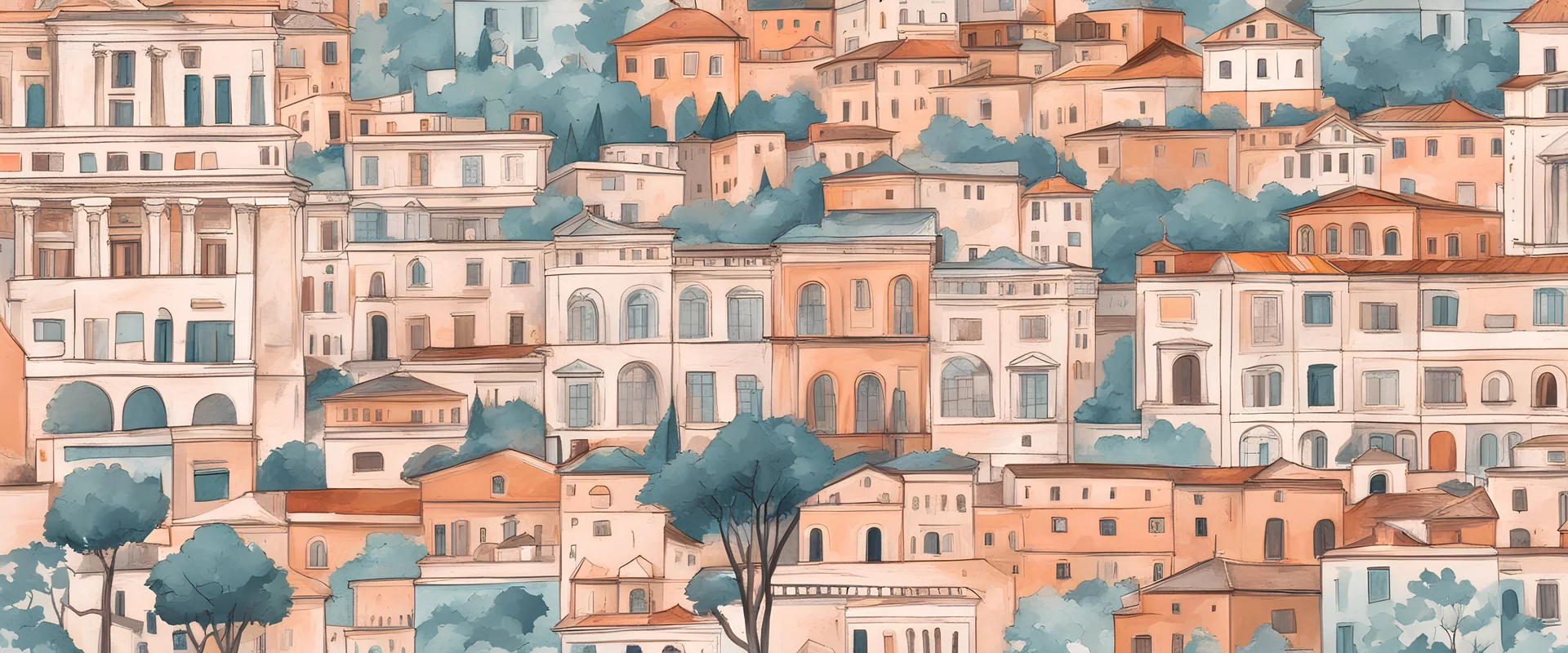 rome city view, azulejos tiles, handrawn style, indie, folksy, pastel palette