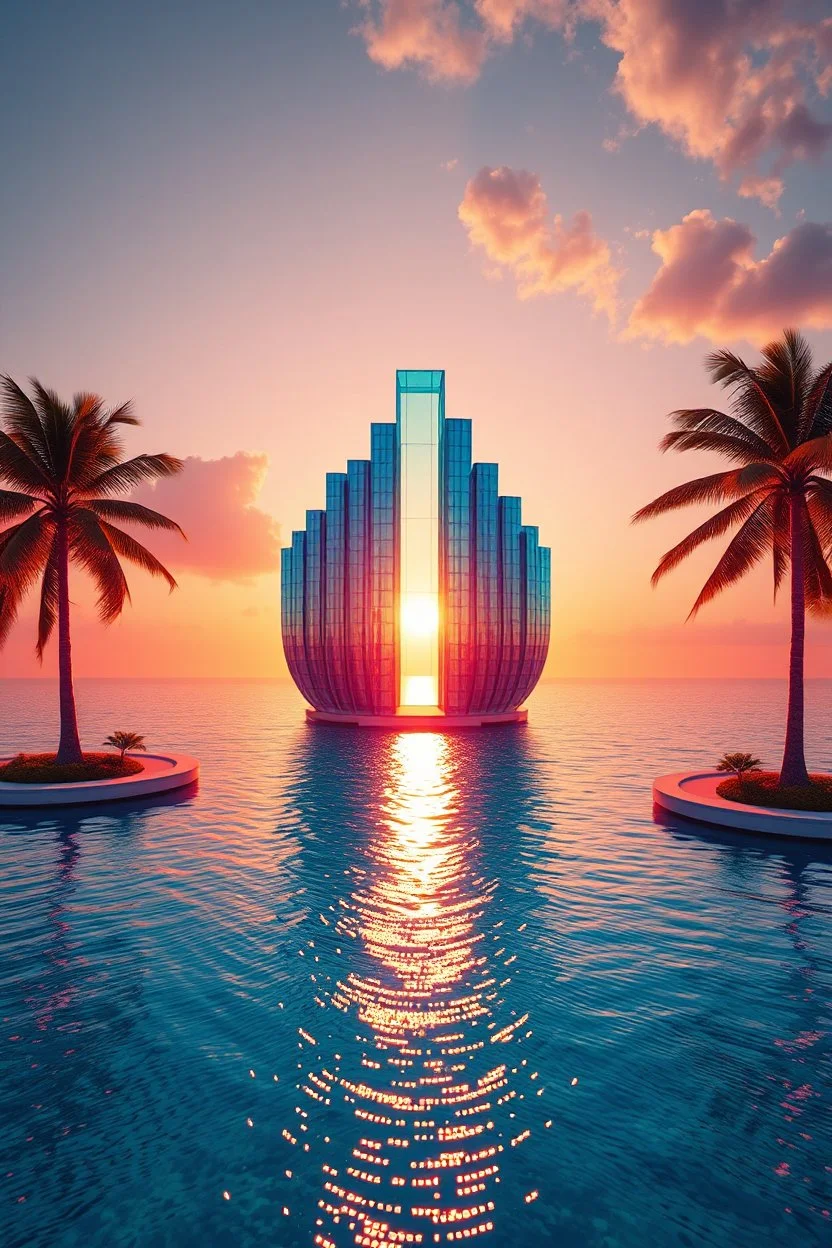 A vibrant, cinematic professional music cover art for a Luxury Tropical House album cover, award-winning music artwork, crystal-clear turquoise ocean merging into an endless horizon beneath a radiant golden sunset. Massive floating glass structures shaped like musical frequencies rise above the water, reflecting vibrant tropical colors. Exotic palm trees illuminated by soft neon cyan and coral lights sway in the warm breeze. Glowing particles drift through the air like fragments of melody, crea