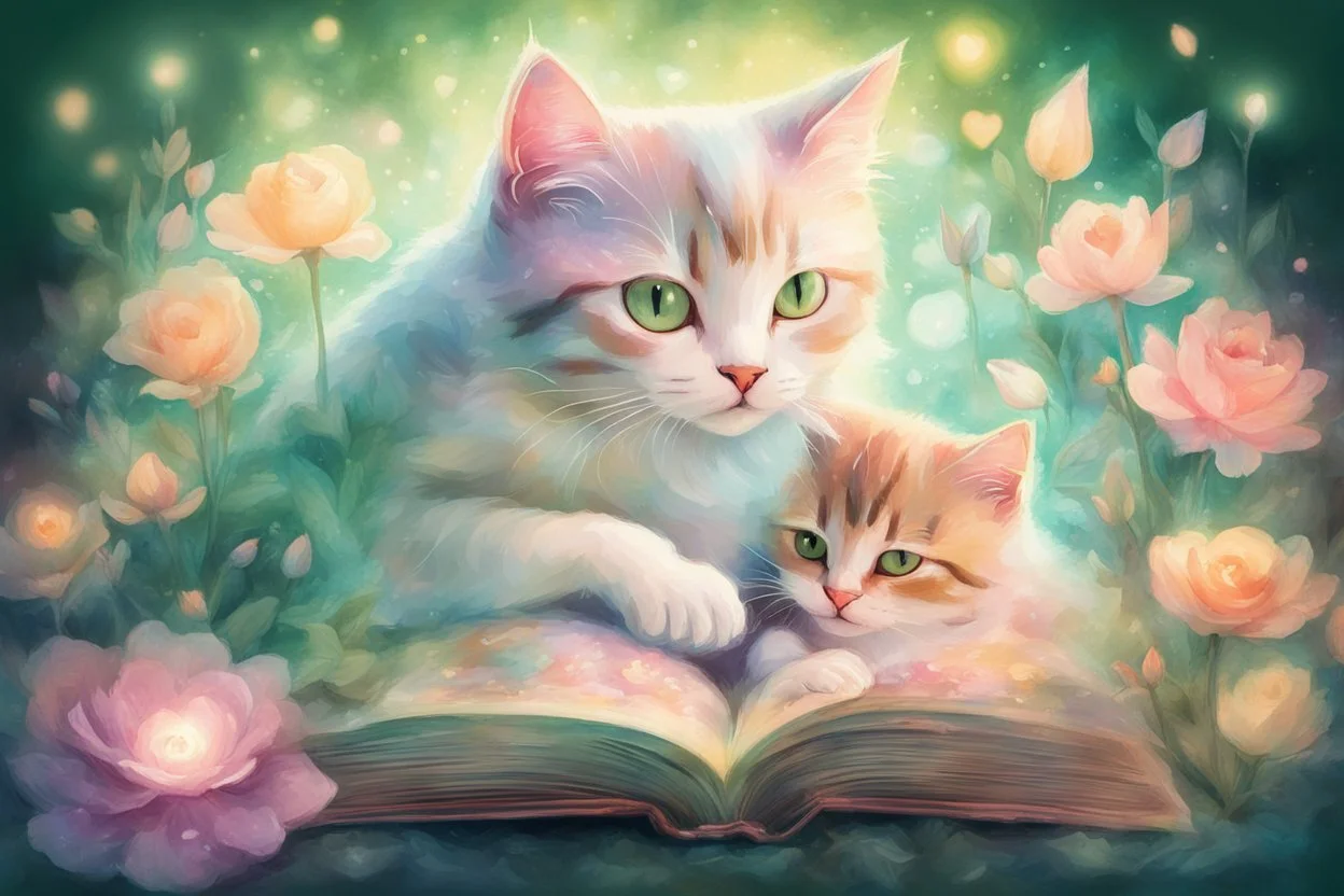 double exposure, merged layers, diaphanous colorful transparent light cute chibi cat mother reads a fairytale book to his baby kitten in a bed, flower tapestry, in a bedroom in candlelight with glowing center on green leaves and flowers, heart and love, pastel colors, melting watercolor on wet paper, soft strokes, shading colors, ethereal, otherwordly, cinematic postprocessing, bokeh, dof in sunshine