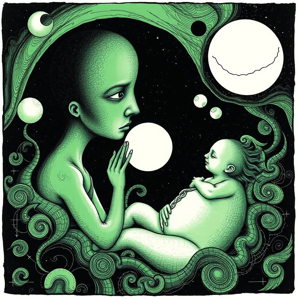 Negotiating dream frequencies culminating in a fetal absurdity, by Gabriel Pacheco, by Colin McCahon, ink illustration, Green and black color scheme, abstract surrealism, art nouveau