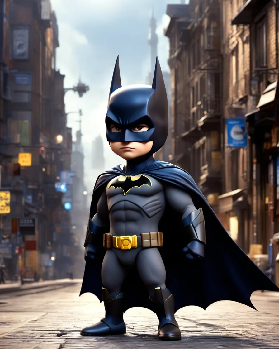 Funny Cute Pixar toon 3D as Batman,street city background