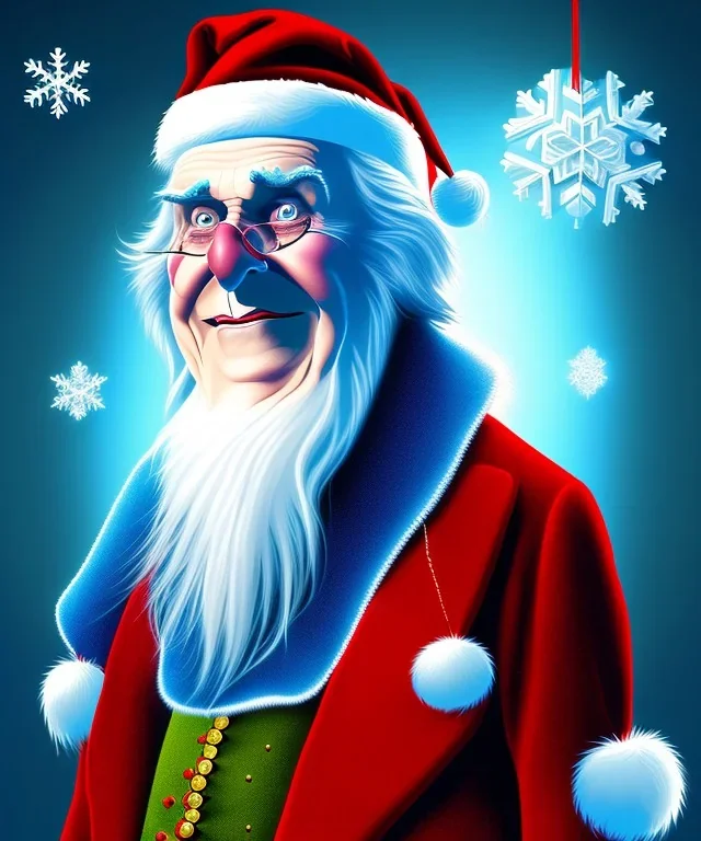 A portrait of Ebeneezer Scrooge in a Christmas environment ,white and blue