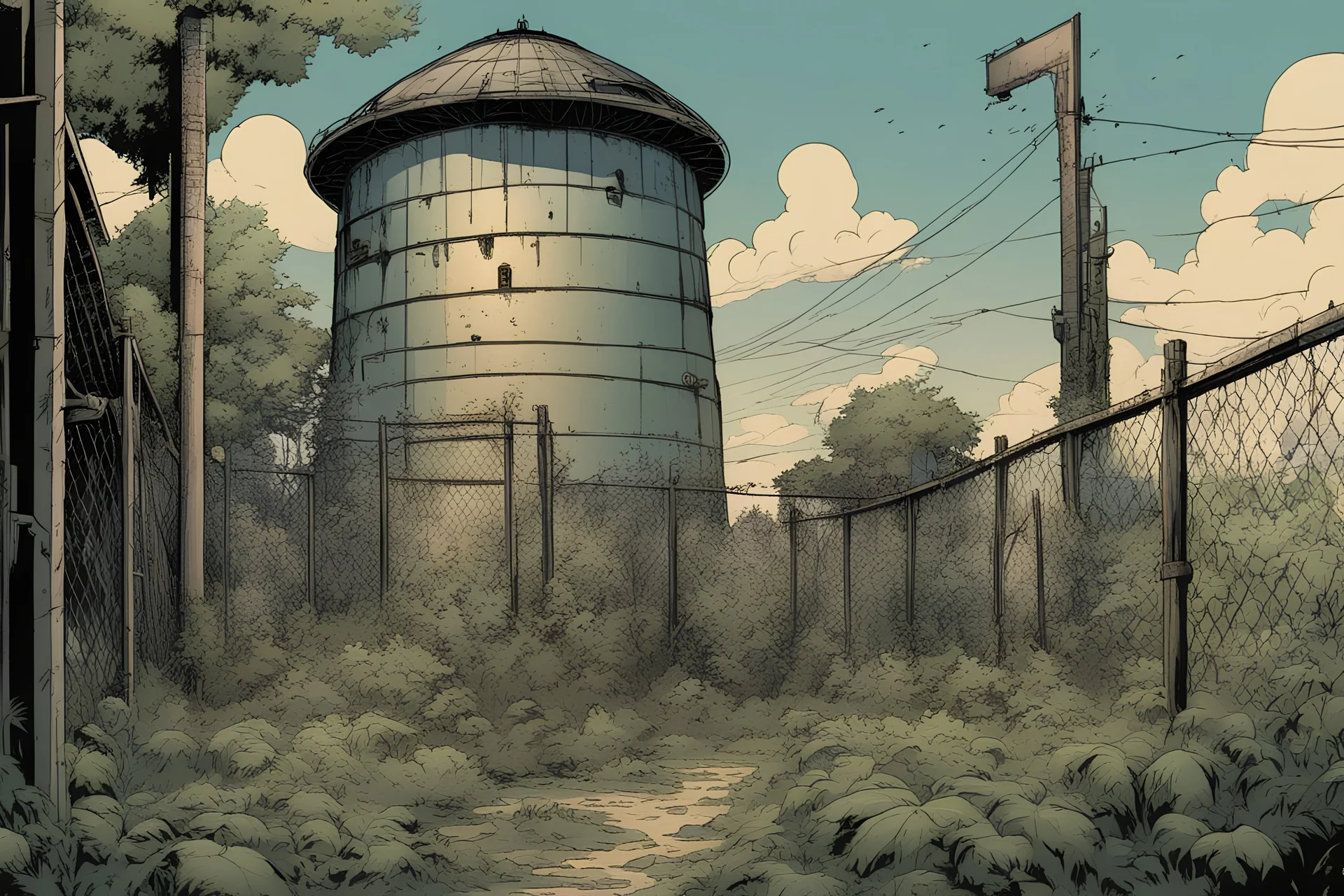 watertower, overgrown apocalyptic, background, comic book, fence