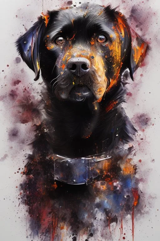 A portrait of black Labrador by Willem Haenraets, watercolor, wet on wet and splattering techniques, centered, perfect composition, abstraction, surrealism