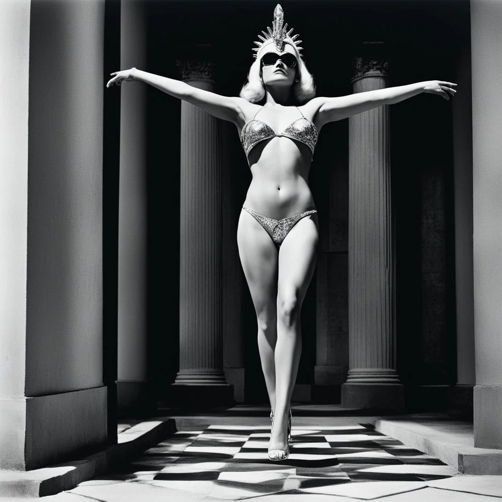 [colourful high res photo by Helmut Newton] the incarnation of the deity of justice in flesh is blind, and her scale is upside down [deicide/god by Mil Mascaras' acid trip] she has no eyes but she cries, standing bare feet