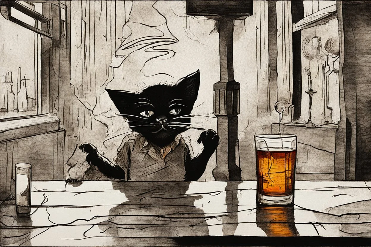 macskássy izolda, childrens book illustration, a frightened looking black and white cat with a cigarette in his mouth, a glass of whiskey in his hand, looking just at us in a smoky pub van eyck, painted on rough canvas with exaggerated lines, sharp brushstrokes, dripping, plastic paint watercolor and ink, oil on canvas S<AI jean baptiste monge