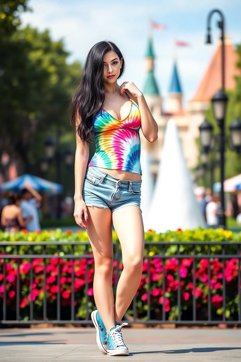 a hot, extremely well-endowed white, Caucasian female with Black Hair, extremely pale white skin, wearing a tight, ill-fitting, colorful, multicolored tie-dye swim suit top, and extremely short jean shorts, and converse sneakers, posing at Disneyland