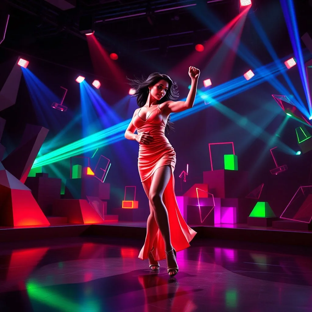 A breathtaking 3D animation of a passionate woman dancing a hot, energetic salsa. Her movements are fluid, expressive, and perfectly synchronized. Surrounding her is a futuristic, evolving stage filled with animating abstract 3D geometric structures that constantly morph, shift, and pulse to the rhythm. Dynamic, vibrant neon lights, colorful volumetric laser beams, and dramatic strobes sweep across the dark environment, casting beautiful shadows. Cinematic camera movement with smooth tracking sh