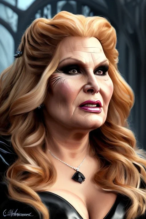 painting of jennifer coolidge as evil queen in black leather, feminie, angry, stern look on her face, volouptous, busty, cleavage, emperious, mature, highly detailed, digital painting, artstation, concept art, smooth, sharp focus, illustration, art by gaston bussiere and alphonse mucha