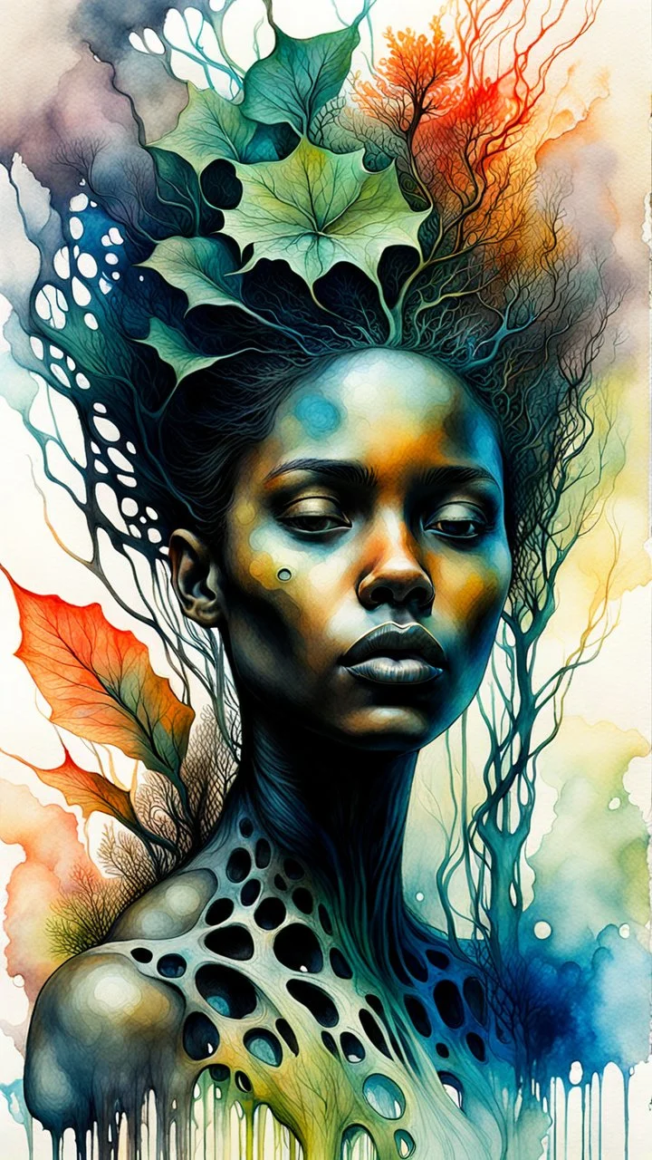Zdzislaw Beksinski, and Peter Gric style ink wash and watercolours , full body illustration of a beautiful young black girl , highly detailed facial features, mixed to anatomical portrait view, visible plant like skeletal structure, wildly flowing splash colours , 8k octane, all in focus, clean , no grain, ethereal, otherworldly concept art in vibrant natural colors