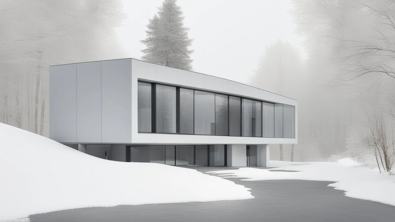 Modern and minimalist house in a winter environment is light gray, with vertical siding that gives it a subtle texture. There are small rectangular windows and a visible door, all emitting warm light from the inside. The house is situated in a snowy landscape, with several bare trees scattered around, suggesting that it is winter or a cold region.