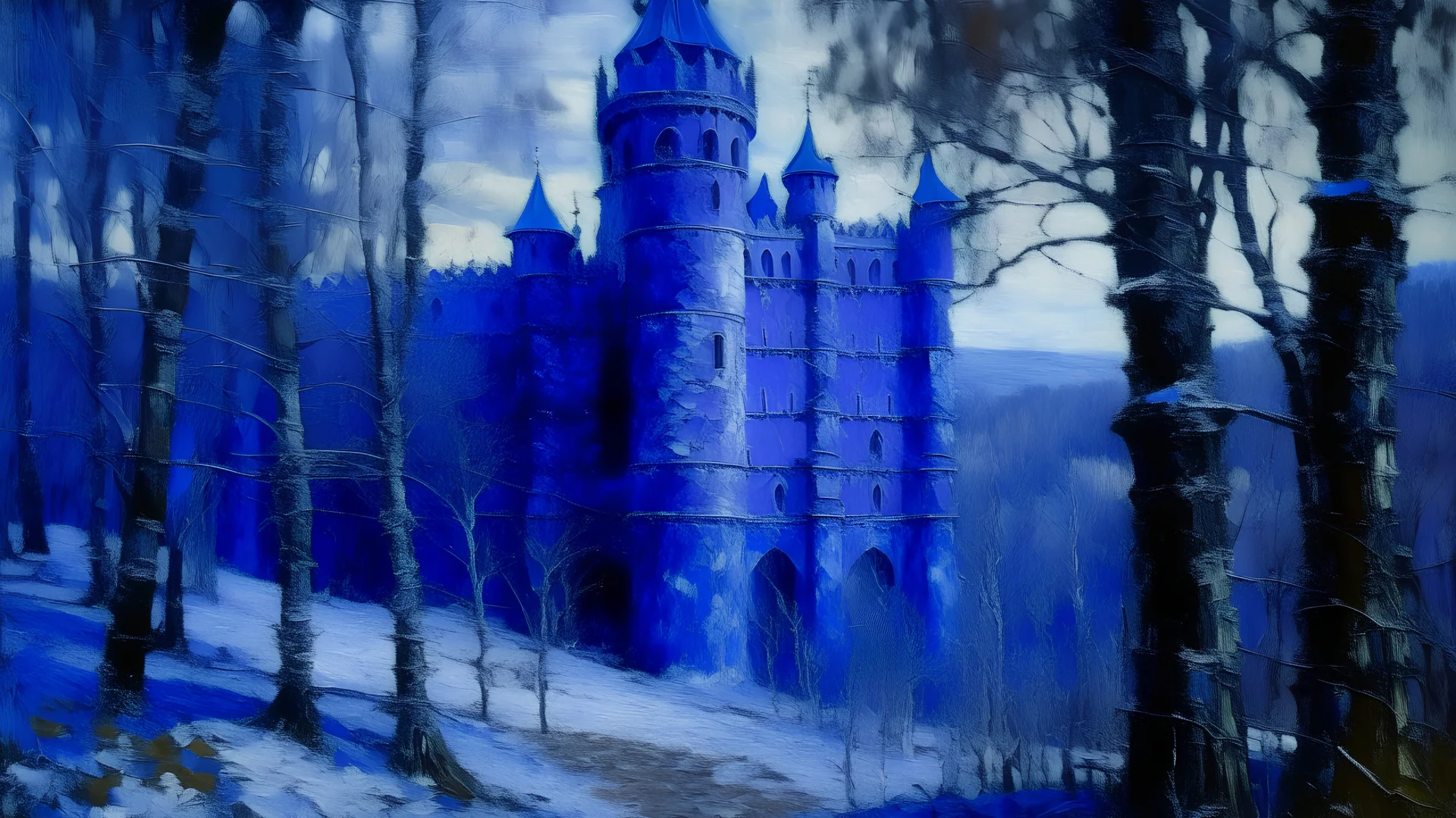 A blue violet castle in a winter forest painted by Claude Monet