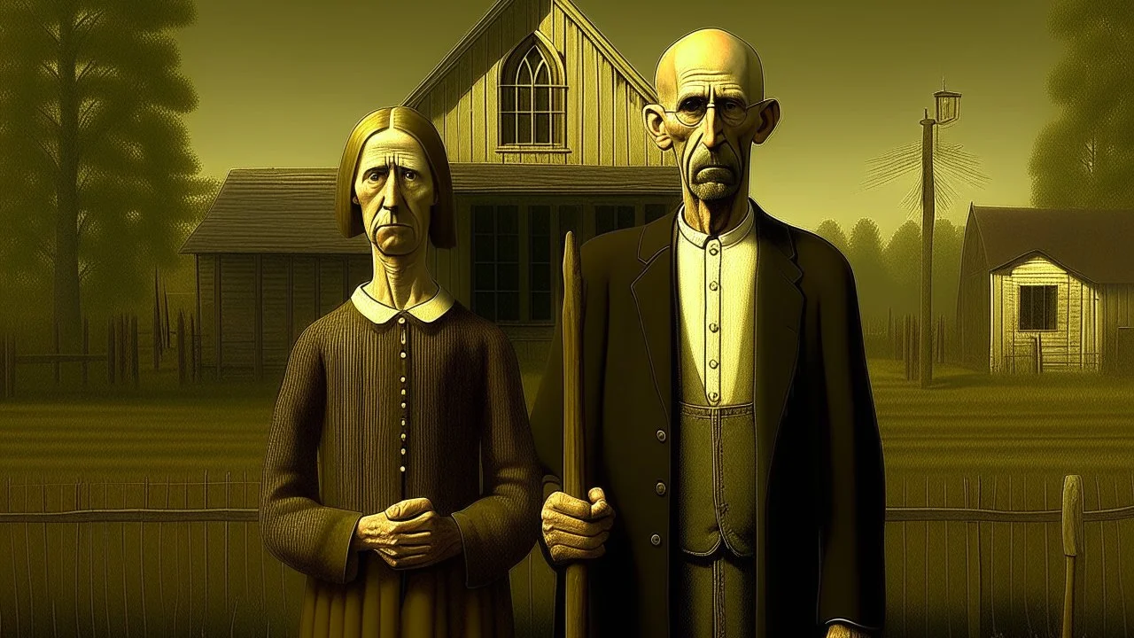 Nudo inspirado en American Gothic (adaptación desnuda) de Grant Wood → Realismo americano → Rigidez y sátira → Figuras frontales con pitchfork → Pareja desnuda en pose gótica rural → Iluminación plana y directa → Paleta de tonos tierra y carnes → Atmósfera austera, irónica y americana