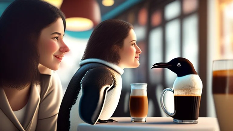 young woman talk to a penguin in coffee-shop