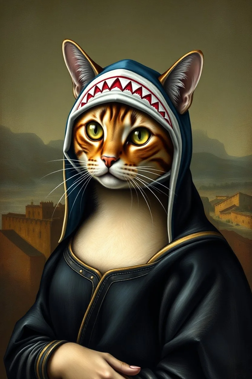 cat with shark mask hat solana as mona lisa in the style of banksy