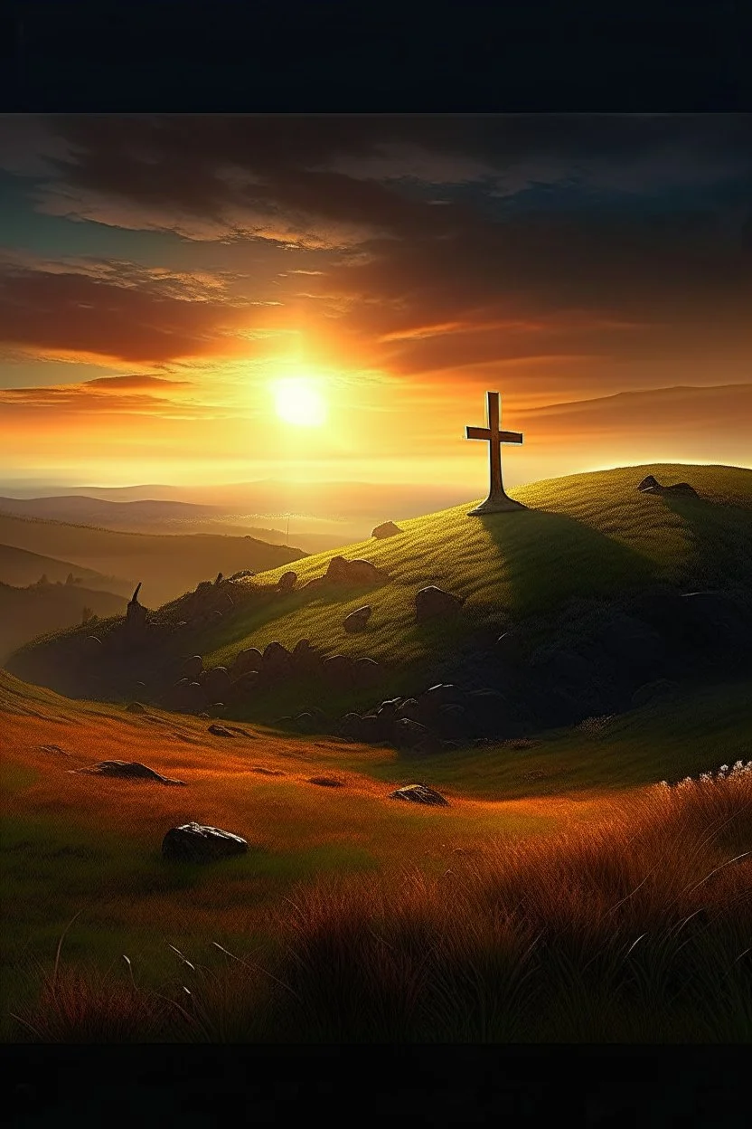 Imagine a surreal landscape where golgotha, bathed in an eerie, dreamlike glow, dominates the horizon. The sunrise unnaturally large and luminescent, rises slowly over a tomb with the stone rolled away revealing an empty cave in the side of the hill with a stone cover rolled to the side, sunrise casting an ethereal light that reflects off the solitary cross