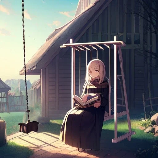 anime girl writing in a book sitting on a porch swing of a very old house in the rain