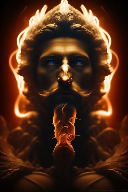 portrait photography of an ethereal beautiful animal god, Fire theme art, Dark moody night atmosphere, Portrait of a man by Michelangelo, 8K, close-up face, anatomically perfect face, oak tree roots, ignore NSFW