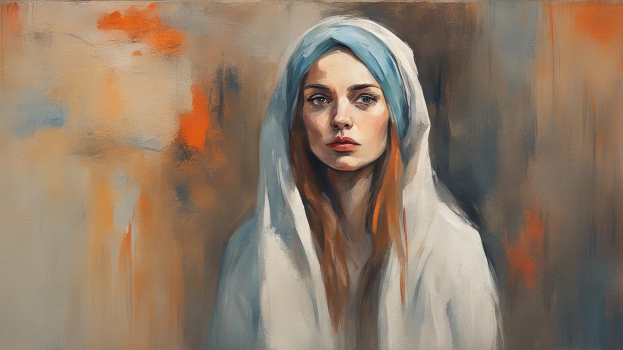 A portrait of a standing against the city wall sad beautiful young skinned woman with a head covering, looking straight in the camera painted in loose brushstrokes by expresiionist art