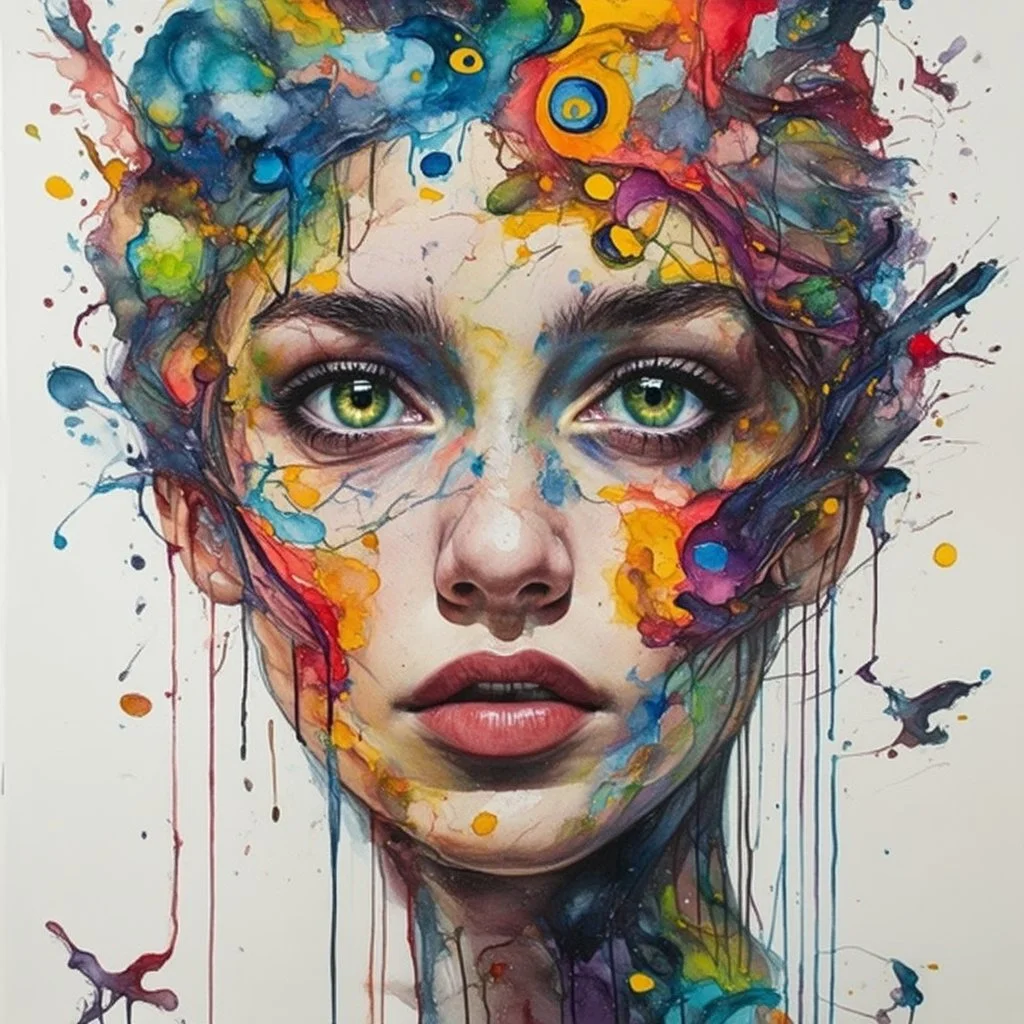 highly detailed, intricate, and vivid abstract art portrait of a young woman with fair skin, gazing directly forward with intense green eyes. Her face is intricately painted with a watercolor effect using a complex fusion of various colors such as blues, reds, yellows, greens, and purples, giving the impression of an explosion of color. The colors bleed into each other fluidly, creating an abstract and dreamlike quality that covers her entire face and hair. The portrait also features elements o