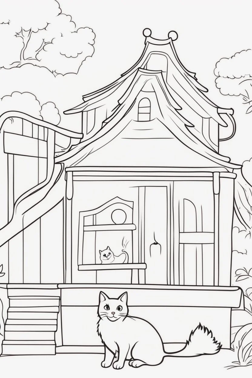 blank colouring book, white blank background, simple picture for toddlers, cat house with no cat inside, disney and pixar style