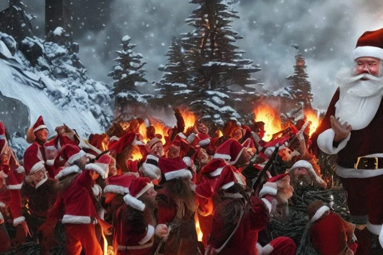 santa claus leading his army invade Helm's Deep fire destruction