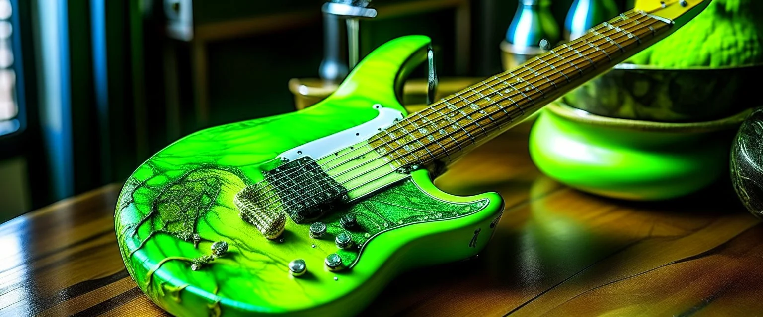 A lime green guitar painted by Vincent van Gogh