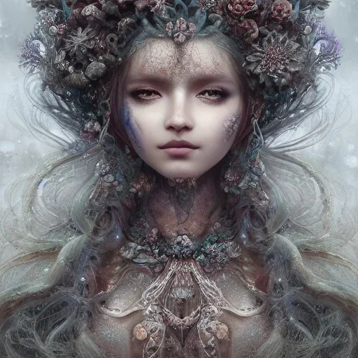 Insanely detailed photograph of an “portrait of gorgeous winter goddess ” with intricate hair, intricate embroidered dress, beautiful clear face and hyperdetailed painting by Ismail Inceoglu Huang Guangjian and Dan Witz CGSociety ZBrush Central fantasy art album cover art,8K, hdr, romantic, mysterious, ominous, beautiful flowers, jewelry, comfort, natural eyes,naked,tasteful