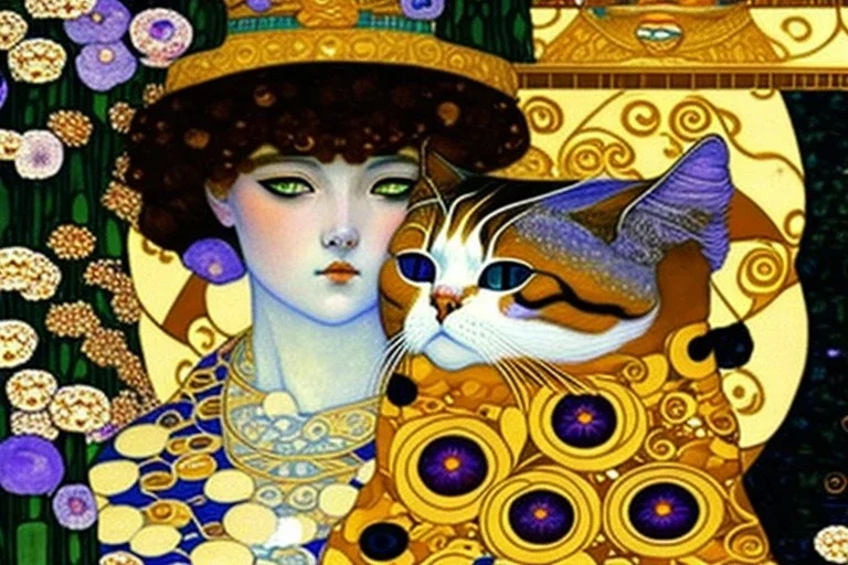 Two cats on a terrace. Gustav Klimt. Perfect brown eyes with perfect iris, perfect pupils.