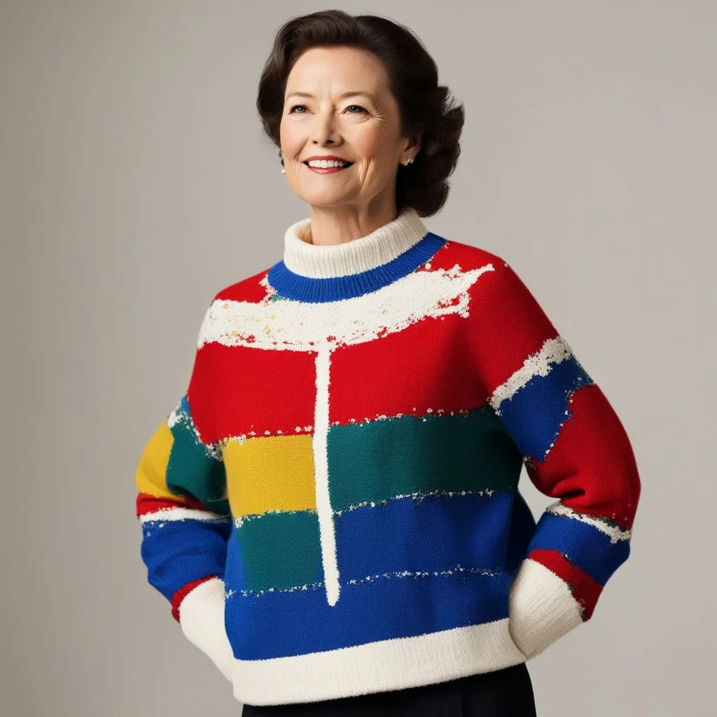 Jeanne Polge wearing an Ugly Christmas Sweater by Nicolas de Staël: solid areas of primary colors