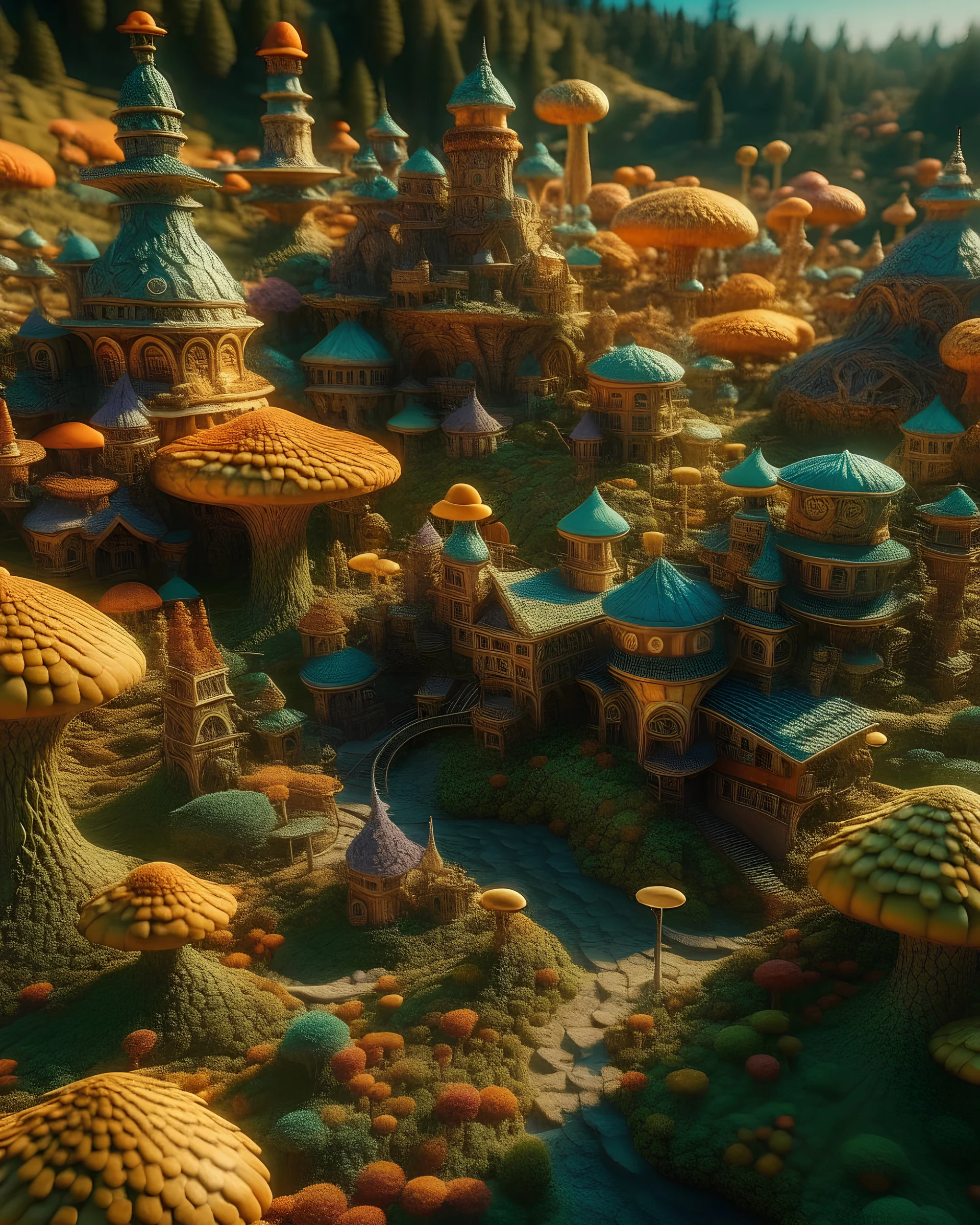An intricate village made of psychedelic mushrooms, art by Greg Rutkowski, 3d render