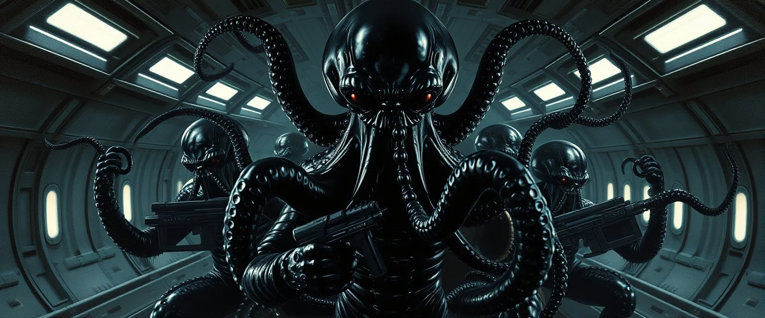 master oil painting by Rembrandt, black glistening slimy octopus insectoid hypnotic Nephilim tribe trauma watchers commando in spaceship with some scared humans, in the style of Giger, 3d anime
