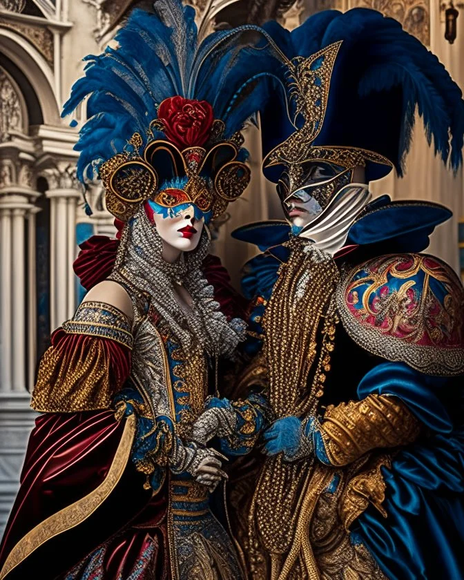 Pareja hombre y mujer con disfraz en el carnaval de Venezia mascara vestido has el suelo pantalones obra de arte pintura arte Bauhaus obra de arte hiperdetallada intricadas finamente detallada 8k