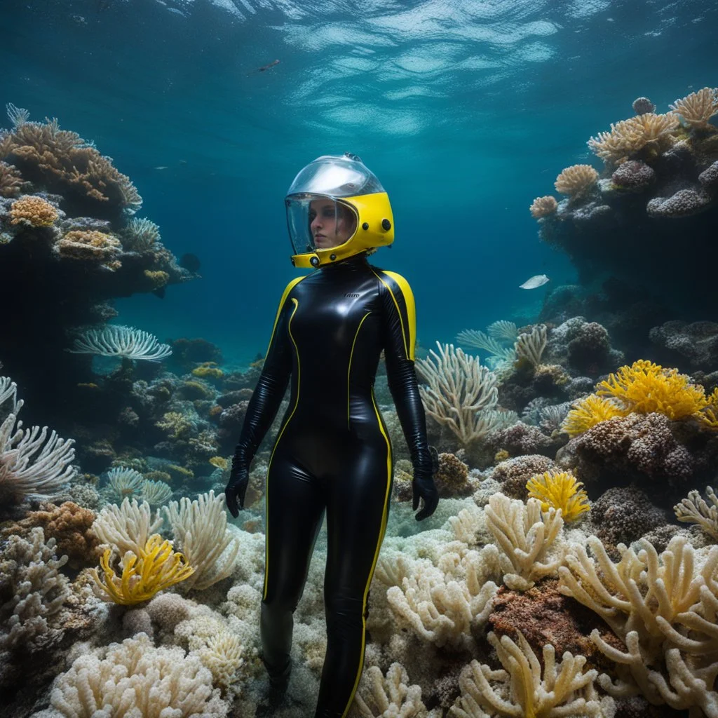 Blonde, black latex hazmat suit, clear helmet, underwater reef