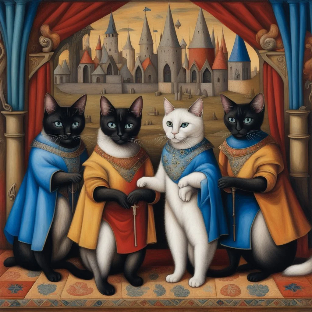 Siamese Cats in colorful costume performing on stage in a medieval opera, Hans Memling style, stylize 750, by yerka, by varo, encaustic