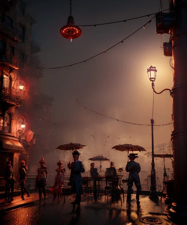 cabaret scene, steampunk. old man and little monkey, Sunglasses, rain, smoking, happy, hot. Many people background, highly detailed, concept art, unreal engine 5, god rays, ray tracing, RTX, lumen lighting, ultra detail, volumetric lighting, 3d, finely drawn, high definition, high resolution.