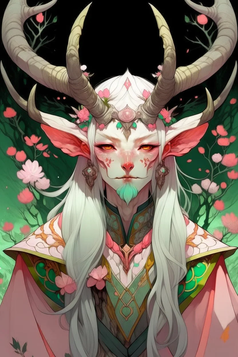 Pink hair spring cherry blossom Eladrin Male antlers druid beard