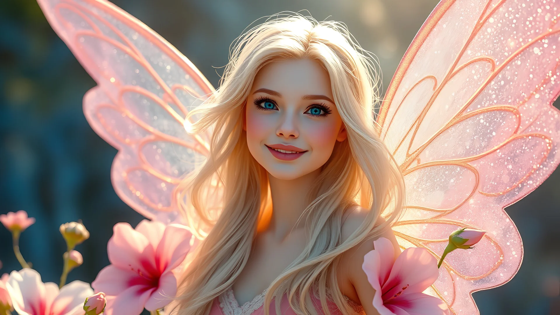 Enlighten, highly detailed image nice smiling happy sweet sunshine faery, beautiful blue eyes, long wonderful hair, bright cristal glitter silk fairy wings, bright morning, sugar sweet white gold light pink blue shining graduated colours, nice magic atmosphere, cosmic ambiance, waterfalls, flowers, glitters, sugar sweet puffy cotton, hyper ultra realistic, 32 K, tom bagshaw, greg rutkowski, global illumination, radiant light, bright sky, intricate details