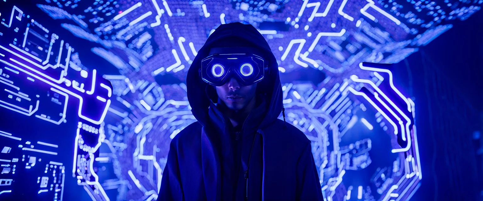 A prodigy in cyber-navigations, Terra Byte uses their unique skills to manipulate digital space and create virtual ecosystems that serve as sanctuaries from the harsh cyberpunk reality. Draped in garments seamlessly integrated with camouflage tech, and goggles perpetually projecting data streams before his eyes, imperfection, natural lighting, cinematic, Fuji Film, Anamorphic lens, 2040s, deep depth of field, Solarpunk