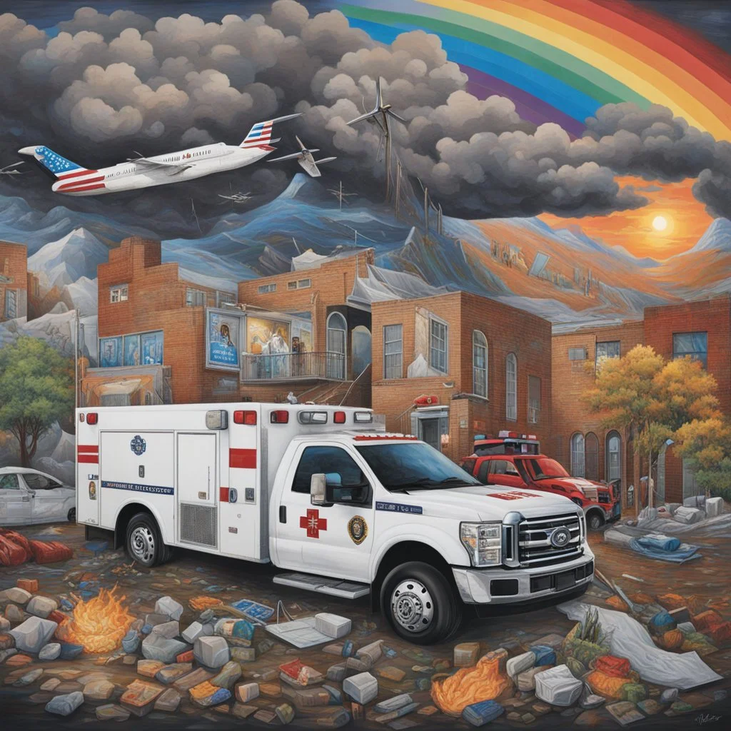 **Content Art:** A powerful mural depicting the collaborative efforts of emergency responders, aid workers, and local communities in the aftermath of a devastating storm, with a central focus on the theme of resilience and unity. **Appearance:** Gender neutral art ideas encapsulating the essence/elements of relief measures, rescue operations, and the importance of upholding the core values of humanitarian and civilian laws before/after the effects of typhoons, cyclones, tornadoes, and hurricanes