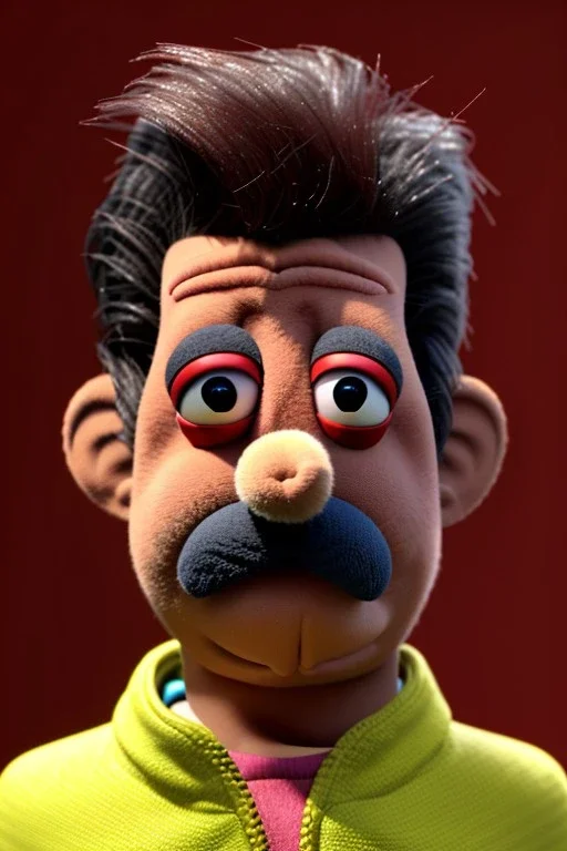 Waist up muppet Portrait, Nicolas maduro us muppet doll, black hair, Venezuelan president, red and yellow tracksuit, mustache, photo studio, yellow background, unreal engine 5, concept art, art station, ray tracing, lumen lighting, ultra detail, volumetric lighting, 3d.