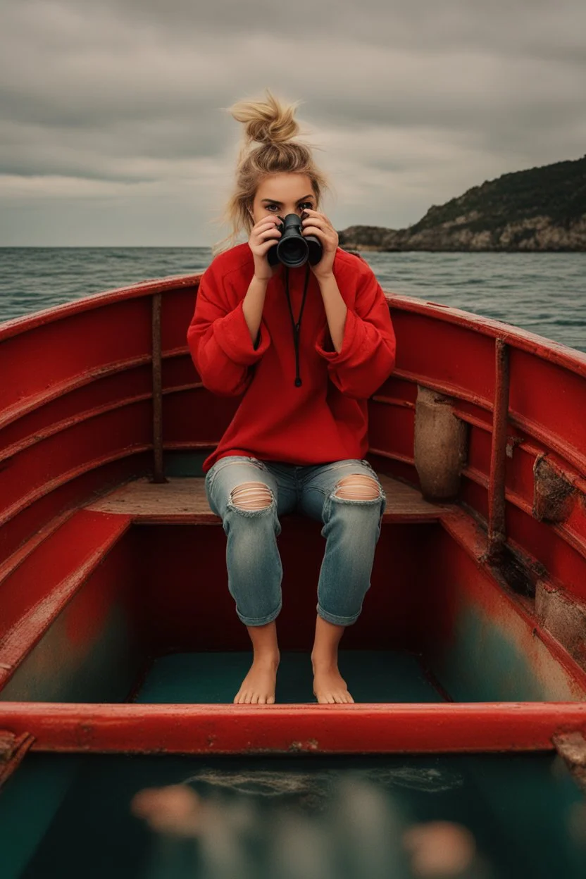 23 years old girl, with blond hair and a messy bun. standing on in a red boat, wearing red clothes and looking trough binoculars watching something in the middle of the sea. You see the whole boat. You see the gril in front.