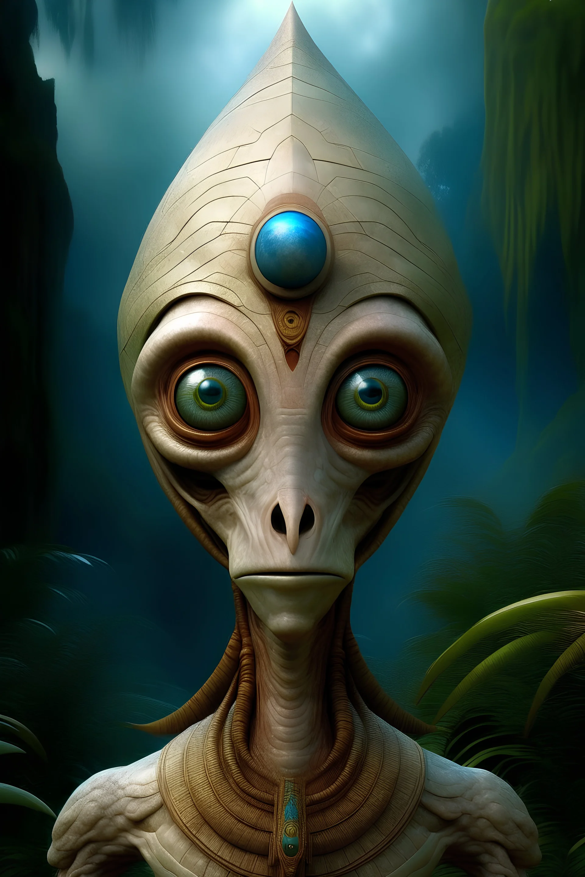 giant tall long elongated head with large alien eyes, thin lips, prince anunaki ancient god wisdom African with red hair in the garden of eden, pyramid, rain forest, hero, all seeing eye, owl, Well Endowed, Space suite, Full Body Shot, F size, healthy, Full Lips, Hyper Detailed Face, Photorealistic, Intricately Detailed, Oil Painting, Heavy Strokes, By Jean Baptiste Monge, By Karol Bak, By Carne Griffiths, Masterpiece, Unreal Engine 3D; Symbolism, Colourful, Polished, Complex; UHD; D3D