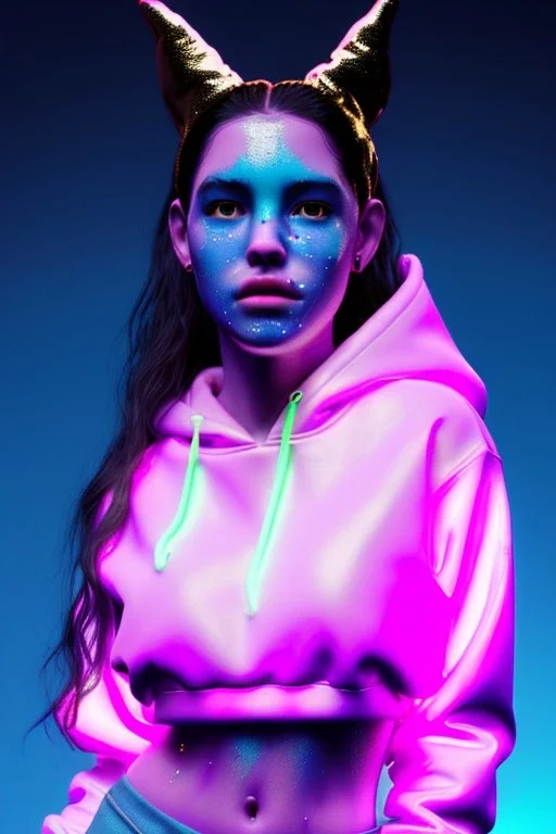 Ultra Realistic image, Rosalía artist, portrait, waist up portrait, long black eye line, sweet face, inflatable hoodie, gold pink and blue style, spray glow make up, led lights, neon, rings piercing nose, led ornament, fog, cold, bubble latex coat, vibrant color, highly detailed, art stations, concept art, smooth, unreal engine 5, god rays, ray tracing, RTX, lumen lighting, ultra detail, volumetric lighting, 3d, finely drawn, high definition, high resolution.