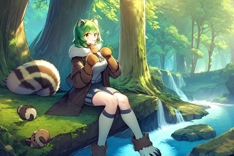 Girl, green hair, raccoon tail, raccoon paws in hand, raccoon paws in foot, forest, river, sit on tree, coat on neck, with tongue out,