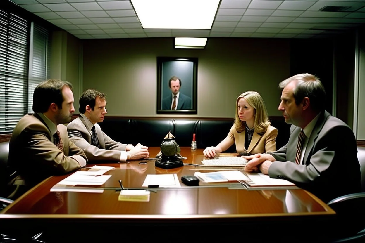 Reunión de 4 personas en una mesa de reuniones en una oficina. Fotografía en color. Con cámara Leica 35 mm