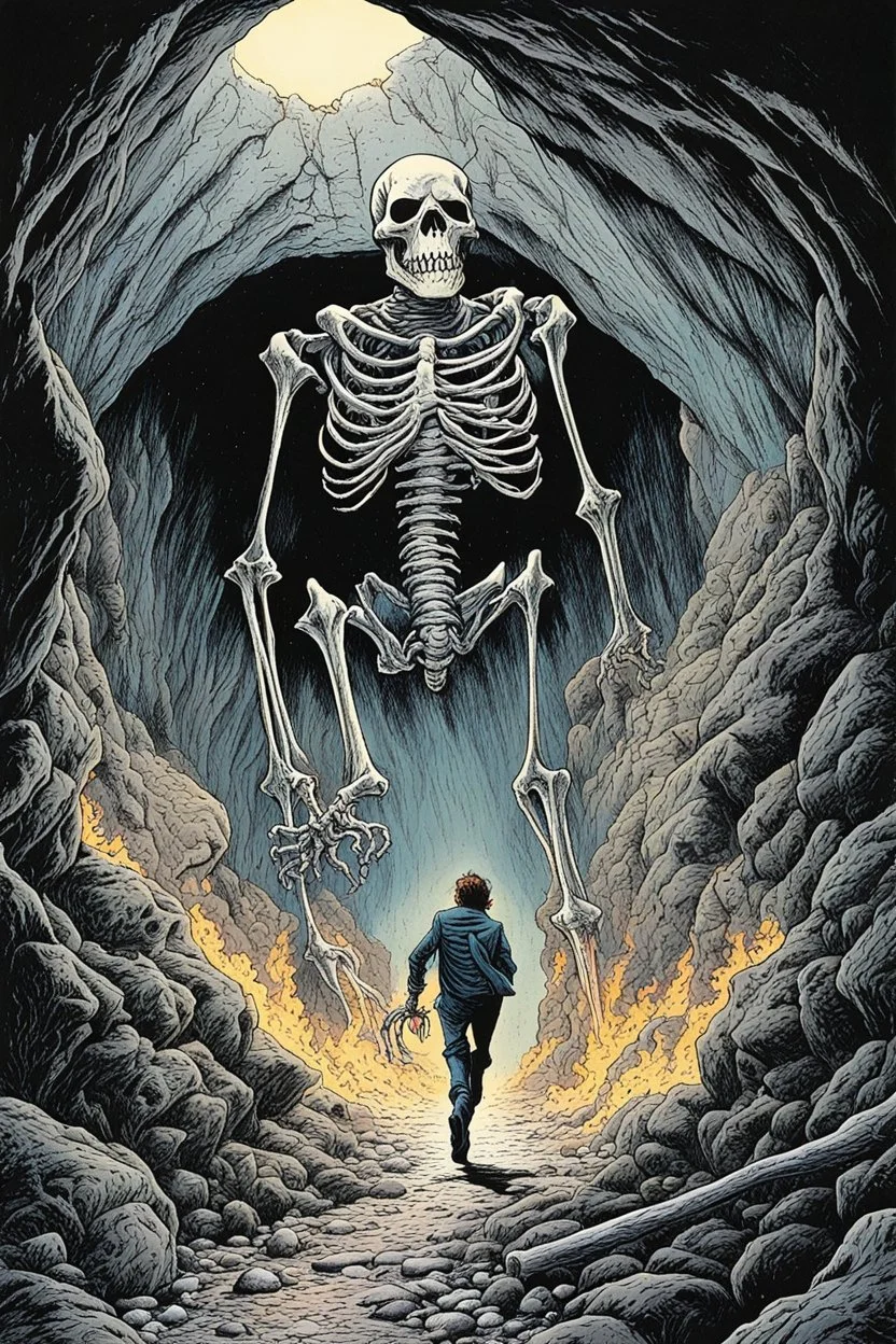 ,Digital illustration of horror genre comic book cover from the 1980s, giant larger than life skeleton picks up tiny humans as they try to run away from inside the cave, macabre, gorey, 1970 illustration art style, absurdist, conye.color pencils, ink, counter culture, dystopian, retro futuris. 90s riot girl look, punk aesthetics, collage, psychedelic, grime, textured, mixed media with a british pop culture influence, maximalism, feminist icon,